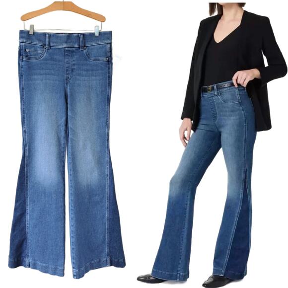 SPANX Flare Jeans Size Medium 2-Tone Mixed Indigo Wash Retro High Waist - Picture 1 of 11